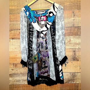 Meghan 100%Silk Mini Dress size 8 Boho Crochet Lace Sheer Mix Pattern
